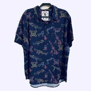 Savage Tacticians Neon Lights & Gun Fights Button Up Short Sleeve Shirt Size XL